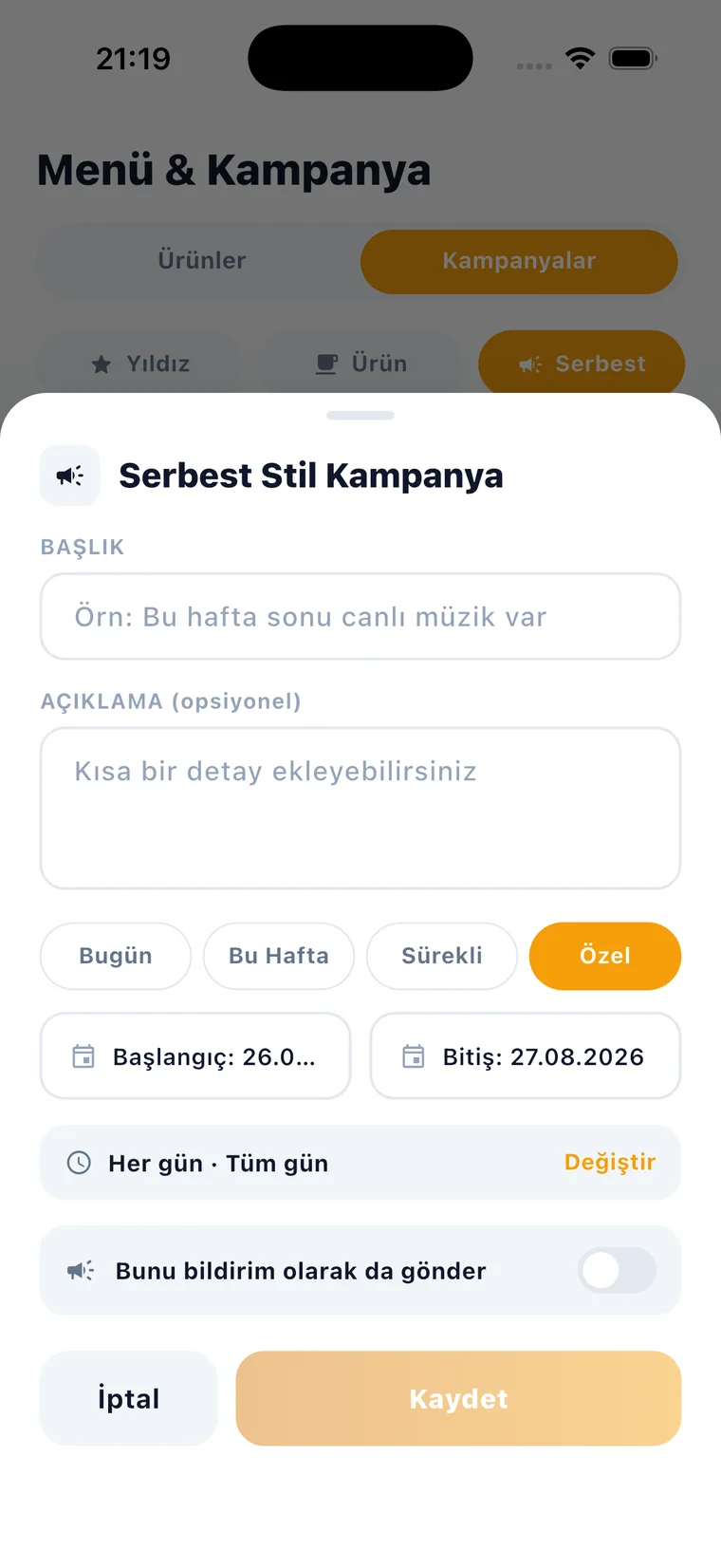 Serbest stil kampanya ekranı